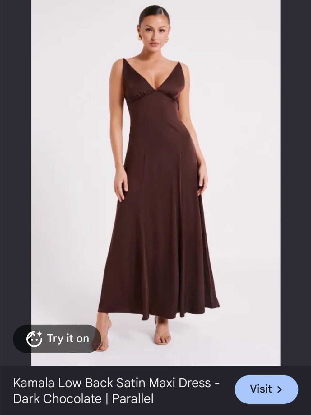 Meshki Dark Chocolate Satin V-Neck Maxi Dress